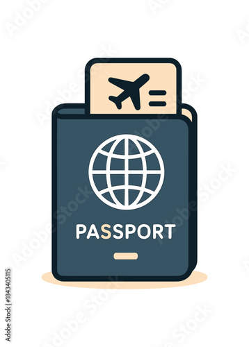 Flat vector illustration of passport with simple cover icon and boarding pass peek soft rounded shapes clean outline cozy travel essentials style