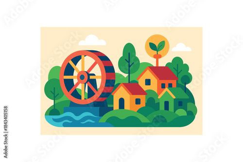 Flat vector illustration of colorful waterwheel generator beside eco village vivid accents rounded shapes minimal details