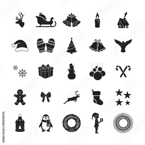 A festive bundle of 30 Christmas silhouettes featuring Santa, reindeer, snowman, trees, ornaments, winter animals and holiday icons. Perfect for crafts, prints, decorations and creative projects.