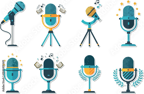 Set of Cute Blue and Gold Vintage Microphone Icons with Musical Notes and Laurel Wreaths