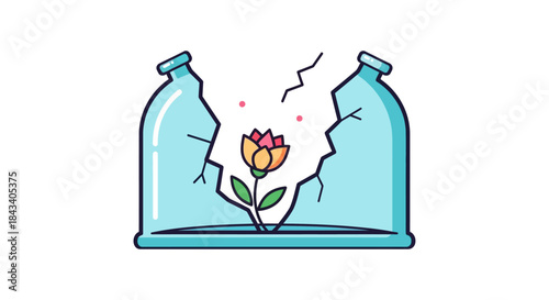 fragile ecosystem concept with flower growing inside cracked plastic bottle dome symbolizing pollution climate change and sustainability