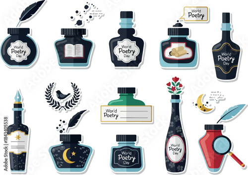Whimsical World Poetry Day Ink Bottle Sticker Collection