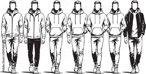 Collection of Hand Drawn Black and White Silhouettes of Men in Casual and Athletic Hoodies and Jeans
