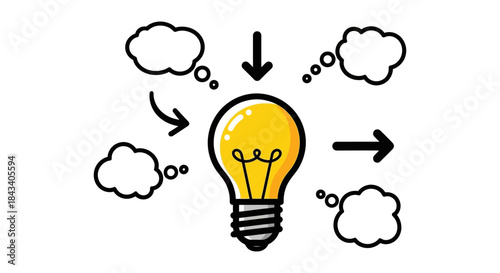 creative idea light bulb with arrows and thought bubbles around it on white background concept illustration for brainstorming and innovation
