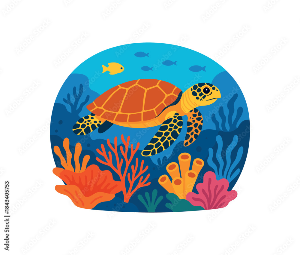 Fototapeta premium Flat vector illustration of bright hawksbill turtle and coral reef conservation scene vivid corals and fish rounded shapes