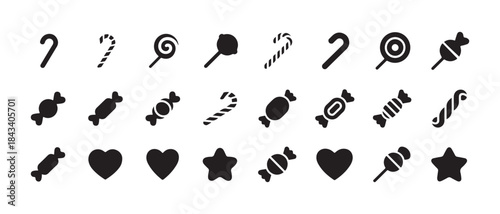 Set of vector icons depicting various candy and sweet treats including lollipops, candy canes, and wrapped candies