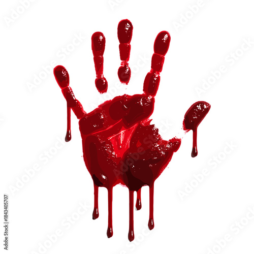 Red bloody handprint with dripping blood on white