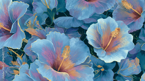 Abstract Layered Light Blue Hibiscus Floral Seamless Art Pattern