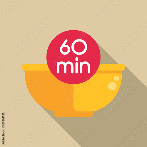 Yellow bowl with a red circular timer displaying 60 minutes, depicting food preparation time
