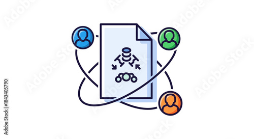 data sharing and collaboration workflow icon with connected users around document illustrating teamwork cloud storage and remote project management