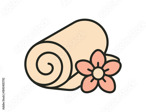 Flat vector illustration of spa towel roll and flower soft rounded shapes clean outline wellness and mindfulness style