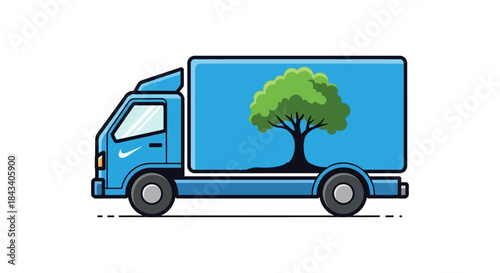 eco friendly delivery truck illustration with green tree symbol on blue cargo box concept for sustainable shipping and green logistics
