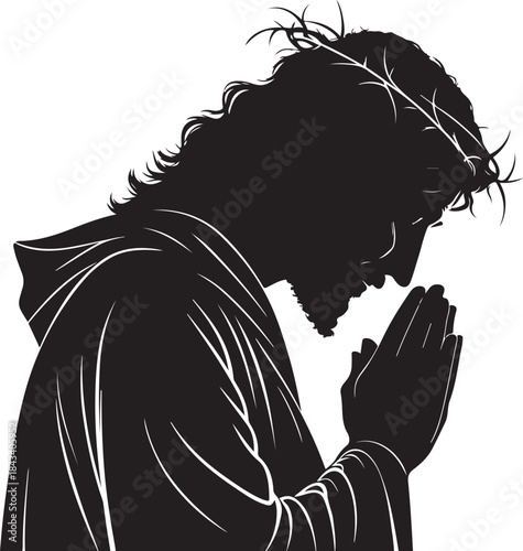 Black silhouette of Jesus Christ praying with bowed head, spiritual devotion Christian faith symbol, minimalist flat vector on white background
