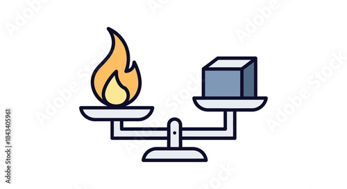 energy balance concept illustration with flame and ice cube on scales comparing hot and cold temperature extremes for climate and physics