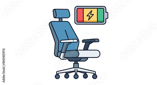 ergonomic office chair illustration with battery energy level icon symbolizing workplace comfort productivity and employee wellness concept