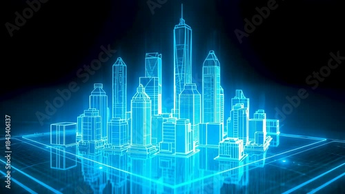 Blue holographic city skyline model rising from illuminated digital grid base