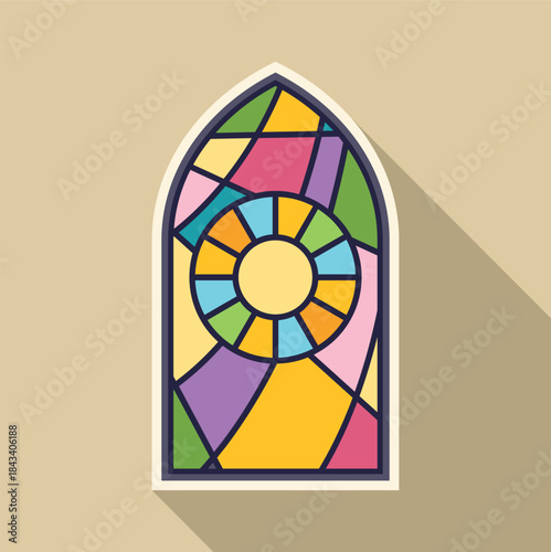 Stained glass window in an arch frame displaying abstract colorful patterns
