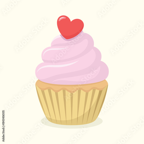 Cute delicious cupcake with strawberry cream and decorative heart. Dessert vector illustration.