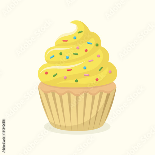 Cute delicious cupcake with lemon cream and colourful sprinkles. Dessert vector illustration.