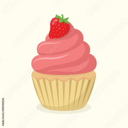 Cute delicious cupcake with cream and strawberry. Dessert vector illustration.