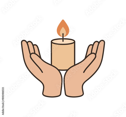 Flat vector illustration of calm hands holding small candle soft rounded shapes clean outline wellness and mindfulness style