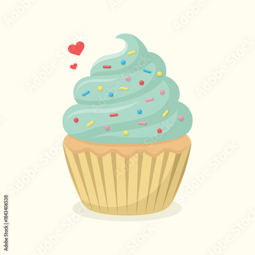 Cute delicious cupcake with pistachio cream and colourful sprinkles. Dessert vector illustration.