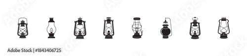 Set of black and white silhouette icons of vintage and modern kerosene lamps and lanterns