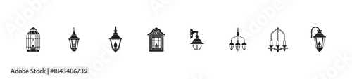 Collection of black and white silhouette icons featuring various wall-mounted and hanging lanterns