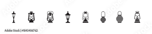 Set of vintage lanterns and street lamps for illumination isolated on white background, various styles