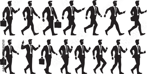 Silhouette businessman walking and gesturing in various poses against a white background running