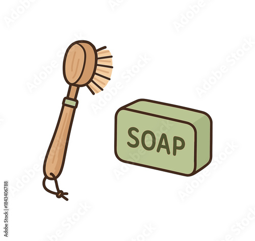 Flat vector illustration of wooden dish brush and soap soft rounded shapes clean outline zero waste eco lifestyle style