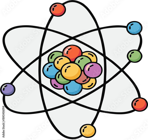 Colorful Atomic Model with Nucleus and Orbiting Electrons, Science and Education Icon