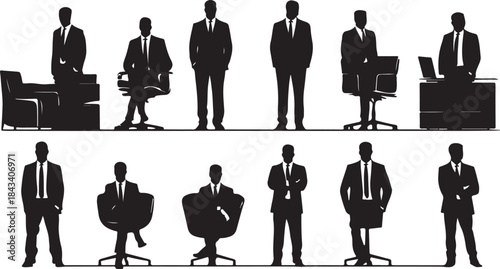 Silhouettes of businessmen in suits sitting and standing in office chairs and near desks with laptops