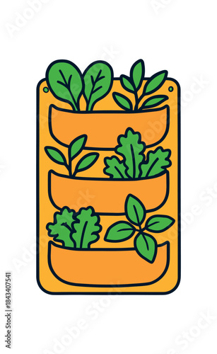 Flat vector illustration of bright vertical planter with leafy greens stacked pockets rounded shapes clean outline clean white background