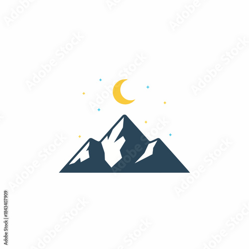 Dark mountain range silhouette under a crescent moon and small stars