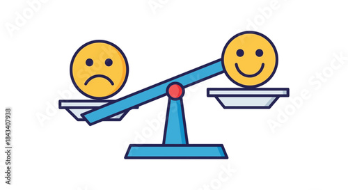 happy and sad emoji faces on unbalanced scale illustrating positive mindset outweighing negativity for mental health and mood concepts