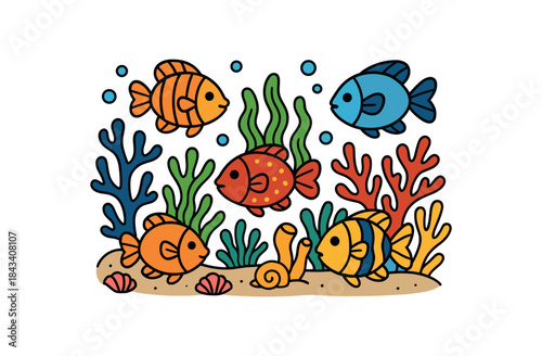 Flat vector illustration of colorful fish swimming coral reef vivid plants and shells rounded fins clean outline