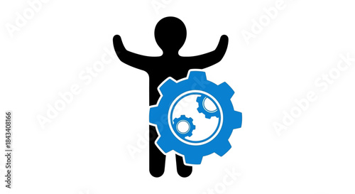 human centered automation icon with person silhouette and blue gear wheels concept for workflow optimization and business process management