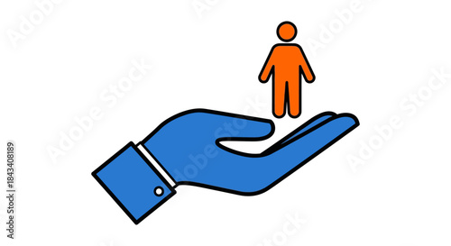 human resources support icon with blue hand holding orange person symbol illustrating employee care retention and staff protection