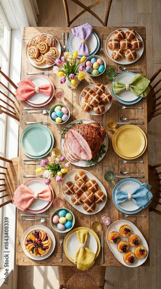 Fototapeta premium Abundant festive Easter brunch spread featuring glazed ham and sweet pastries on rustic table