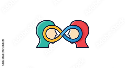 infinite loop connection between two human heads sharing thoughts in continuous communication concept for empathy teamwork and feedback