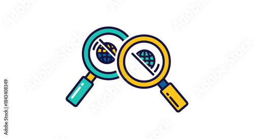 internet censorship concept with crossed out globe icons inside magnifying glasses flat line style illustration for online privacy