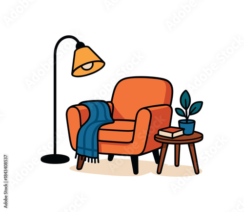 Flat vector illustration of bright cozy reading nook with vivid armchair blanket and floor lamp for evening winddown rounded shapes clean outline clean white background
