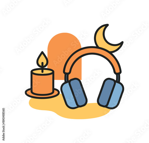 Flat vector illustration of bright calming playlist concept: headphones near candle and moon icon rounded shapes clean outline clean white background