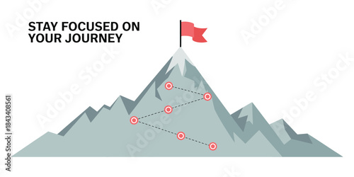 Journey concept vector illustration of a mountain with path and flag at the top, representing the route to the peak, business strategy, goal achievement, planning, success,