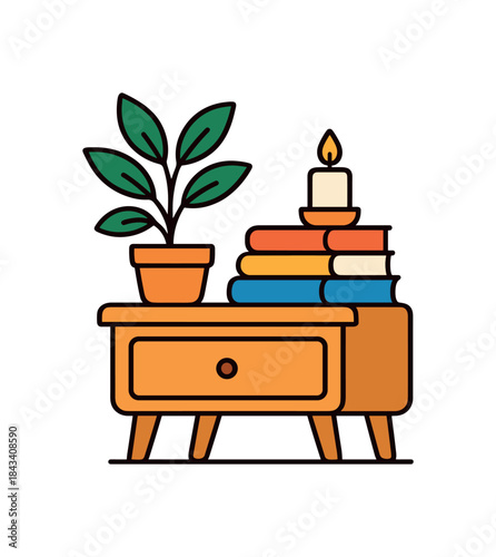 Flat vector illustration of bright minimalist nightstand with vivid plant candle and book stack rounded shapes clean outline clean white background