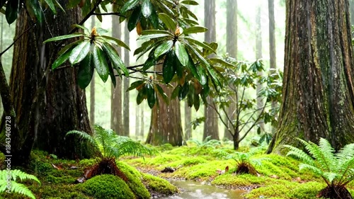 Lush green redwood forest floor covered in vibrant moss and ferns during a misty rain shower