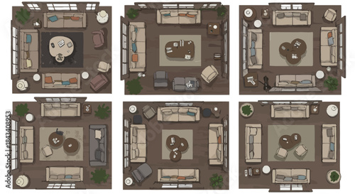 living room furniture layout set viewed from above multiple sofa and coffee table arrangements for interior design planning and home decor guides