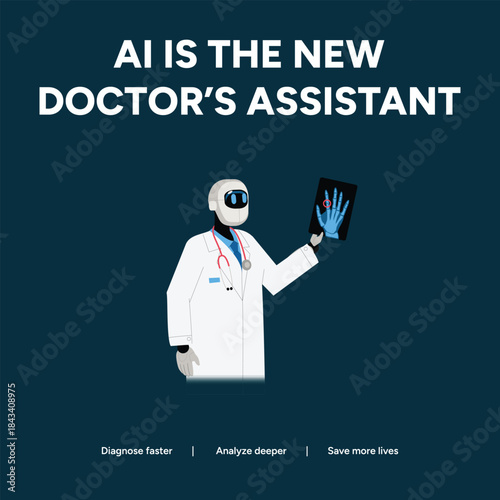 Ai is the new doctors assistant, featuring a robot doctor holding an xray on a blue background, showcasing the future of healthcare