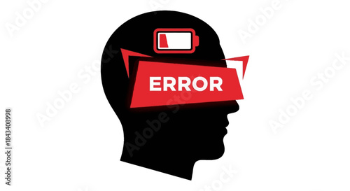 low battery brain error warning in human head silhouette concept illustration of burnout digital fatigue and mental overload for stress articles